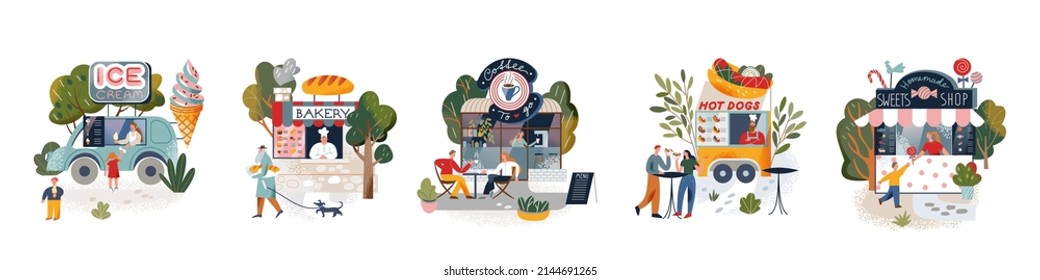 Small local retail shop facades with customers people set vector illustration. Cartoon fast food cafe and store collection of ice cream truck, bakery, kiosk stall with candy, hot dog and coffee