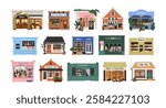 Small local shops, storefronts set. Mini stores, buildings. Bakery, boutique, cafe, pharmacy facades, exteriors, front view with showcases. Flat vector illustration isolated on white background