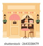 Small local yellow candy shop. Small family business. Flat vector illustration.