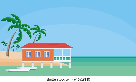 Small lodge on piles against the background of palm trees and a sea landscape. Vector background.