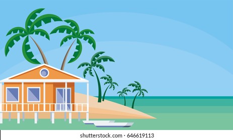 Small lodge on piles against the background of palm trees and a sea landscape. Vector background.