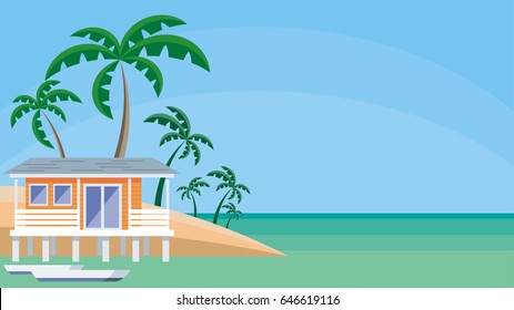 Small lodge on piles against the background of palm trees and a sea landscape. Vector background.