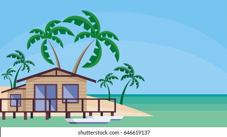 Small lodge on piles against the background of palm trees and a sea landscape. Vector background.