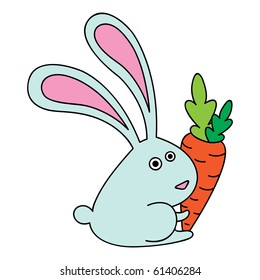 Small lovely blue rabbit holds carrot.
