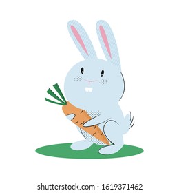 Small lovely rabbit holds carrot. Cyte cartoon sketchy style. Gardening illustration. Character design. Easter holiday