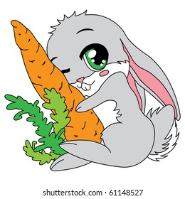 Small lovely rabbit holds carrot.