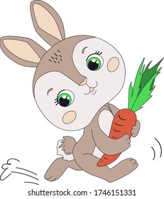Small lovely rabbit holds giant carrot. Cute bunny. 2023 symbol