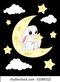 Small lovely rabbit sits on the moon and holds a star.