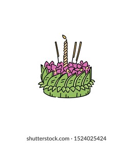 Small Loy krathong basket with green leaves, pink flowers, incense sticks and burning candle isolated on white background - traditional Thailand festival decor vector illustration