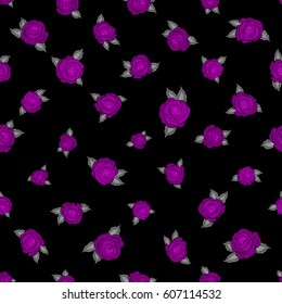 Small magenta and neutral flowers on a black background. Cute seamless pattern in small rose flowers. The elegant template for fashion prints. Spring vector floral background.
