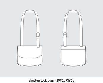 bolso de cuero para correo pequeño con correa de hombro ajustable ancha, frontal y posterior, dibujando bocetos planos técnicos de prendas de vestir con ilustración vectorial.