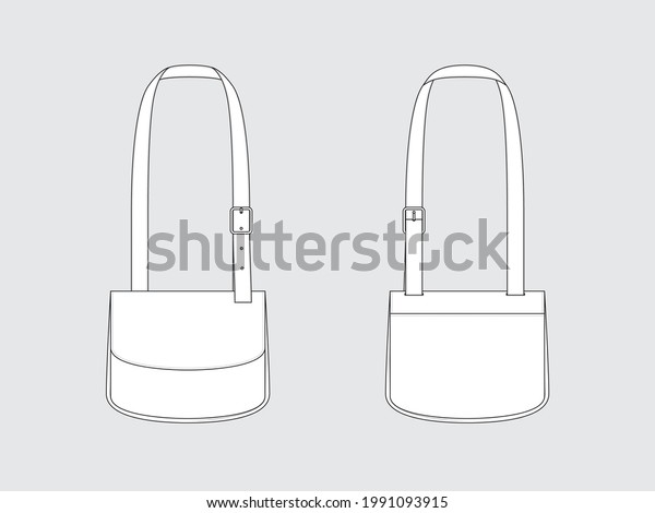 small mail leather bag with wide adjustable\
shoulder strap, front and back, drawing technical flat sketches of\
garments with vector\
illustration.