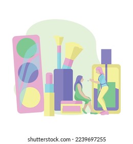 Pequeño maquillador con cliente, cosméticos decorativos y acceso