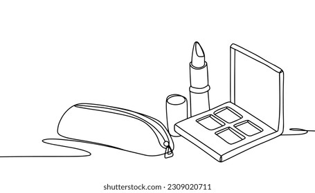 A small makeup bag. Shadows and lipstick nearby. Makeup cosmetics. International Make-Up Day. One line drawing for different uses. Vector illustration.