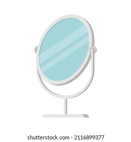 Small makeup mirror in circle frame on stand vector flat illustration. Modern cosmetic equipment with silver metal border isolated. Glossy reflective glass for making visage and beauty care procedure
