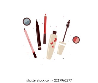 Small makeup set of lip pencil,eyeliner,eye shadow and mascara isolated on white background.Vector cartoon illustration.