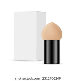 Small Makeup Sponge Beauty Blender with Handle, Packaging Box Mockup, Isolated on White Background. Vector Illustration