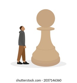 Small male character looking at a huge chess pawn on a white background