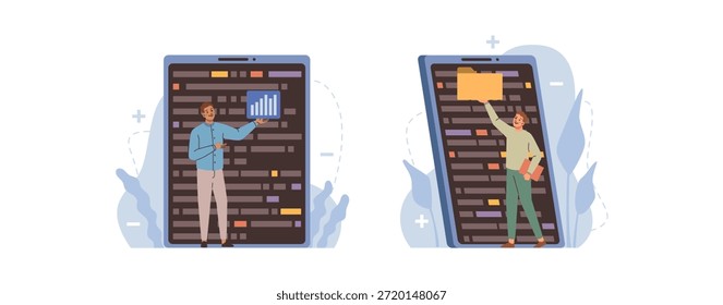 Pequeños personajes masculinos que trabajan con dispositivos de pantalla grande. App de Vector y desarrollo de software, tecnología y aparato electrónico. Programadores informáticos, diseñadores gráficos y de interfaces