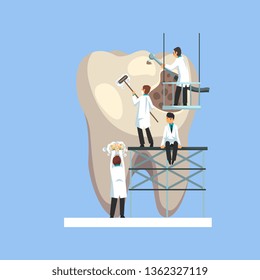 Small Male Doctors Cleaning and Treating Giant Unhealthy Tooth with Plaque and Caries Hole Vector Illustration