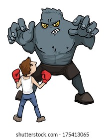 Small man against a huge monster, concept vector illustration