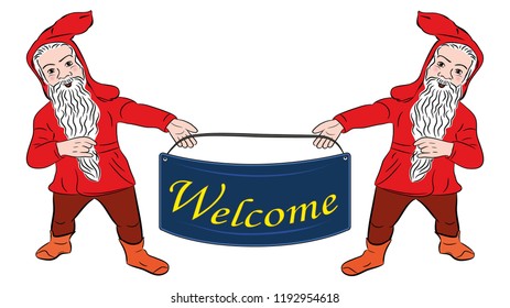 A small man with a beard and mustache, banner welcome. Isolated, white . vector
