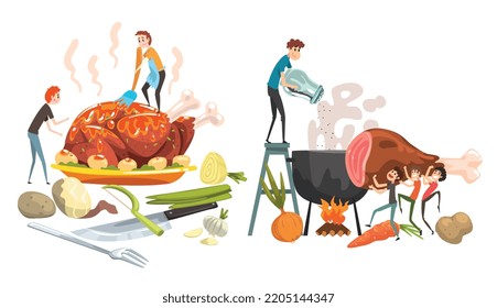 Small Man Cooking Giant Food with Turkey on Plate and Pot on Burning Fire Vector Set