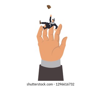 Small man falls on big hand.