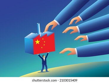 A small man holds up a factory that has a Chinese glaf on the side of it. Five large hands approach, trying to grab hold of it.
