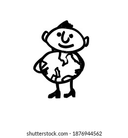 A small man holds a globe in his hands. Earth Day. Hand-drawn funny cartoon character. Vector illustration