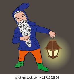 A small man with a lantern that glowed in the dark. A fabulous dwarf . Use a flashlight. vector