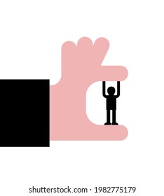un hombre pequeño se resiste a la mano grande. Concepto de jefe y subordinado