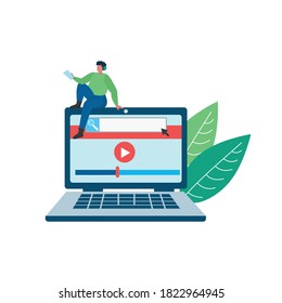 Un hombre pequeño se sienta en una laptop y da una entrevista.  Seminario web, cursos en línea o formación, concepto de podcast tutorial. Ilustración vectorial para afiches, página web, banner, páginas de inicio