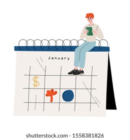 Small Man Sitting on a Big Calendar Planning and Scheduling Important Events, Time Management and Business Planning Vector Illustration