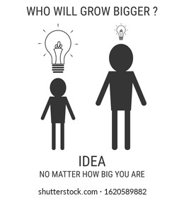 Small man think big. Think big idea concept. Thinking concept vector illustration. Men with light bulb of idea vector cartoon. 