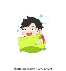 a small man who got dizzy hugging a pillow while floating in the air
