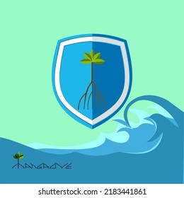 A small mangrove grows and will protect from abrasion and waves, including being a home for marine animals. Vector illustration.