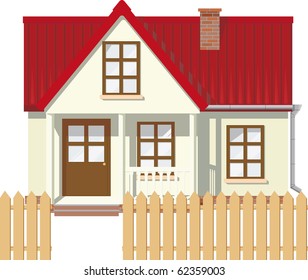 Small Mansion rural house with red roof surrounded by a fence