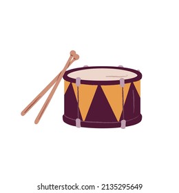 Pequeño tambor de marcha con tambores. Instrumento musical de ritmo de percusión con palos. Ilustración vectorial plana aislada en fondo blanco