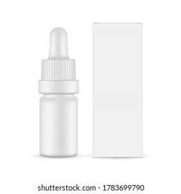 Small Matte Dropper Bottle Mockup And Paper Box Front View, Isolated On White Background. Vector Illustration