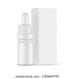 Small matte dropper bottle mockup and paper box with side view, isolated on white background. Vector illustration