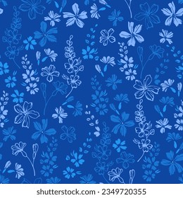 Small meadow buttercup flowers repeat ornament vector illustration. Ditsy vintage motif. Floral textile print with flower racemes. Forget-me-nots blossom summer print.