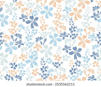 Las Pequeñas flores de mariposa de prado repiten la Ilustración vectorial del adorno. Lindo motivo sucio. Estampado de Fondo de pantalla rústico chic con racimos de flores. Impresión de verano de la flor del olvido-me-nots.