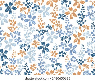 Small meadow buttercup flowers seamless ornament vector illustration. Millefleurs beautiful motif. Country-style fabric print with flower racemes. Forget-me-nots blossom summer print.