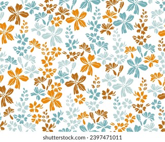 Small meadow forget-me-not flowers endless ornament vector illustration. Millefleurs pretty motif. Rustic chic wallpaper print with flower inflorescences. Buttercups blossom summer print.