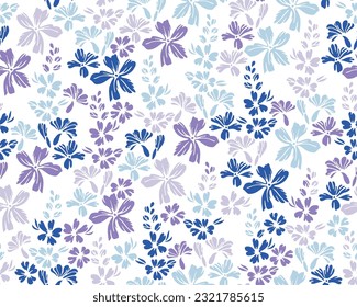 Small meadow forget-me-not flowers seamless pattern vector illustration. Ditsy beautiful motif. Rustic chic gift wrap print with flower racemes. Buttercups blossom spring print.