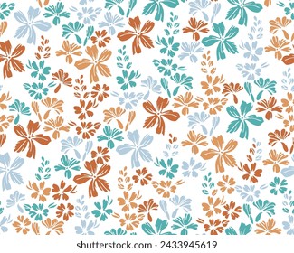 Small meadow forget-me-not flowers seamless ornament vector illustration. Ditsy elegant motif. Shabby chic fabric print with flower truss elements. Buttercups blossom spring print.