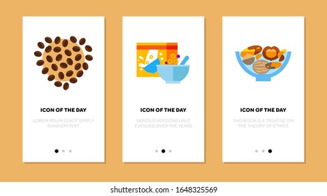 Juego de iconos planos para comidas pequeñas. Paquetes vectoriales aislados de desayuno, aroma, aroma. Concepto de alimentación y salud. Elementos de símbolo de ilustración vectorial para diseño web y aplicaciones