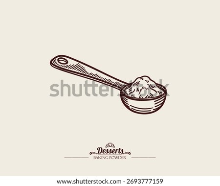 Small measuring spoon with baking powder. Teaspoon with flour, vector line art illustration.