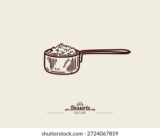 Small measuring spoon with granulated sugar. Spoon with crystal sugar, vector line art illustration.